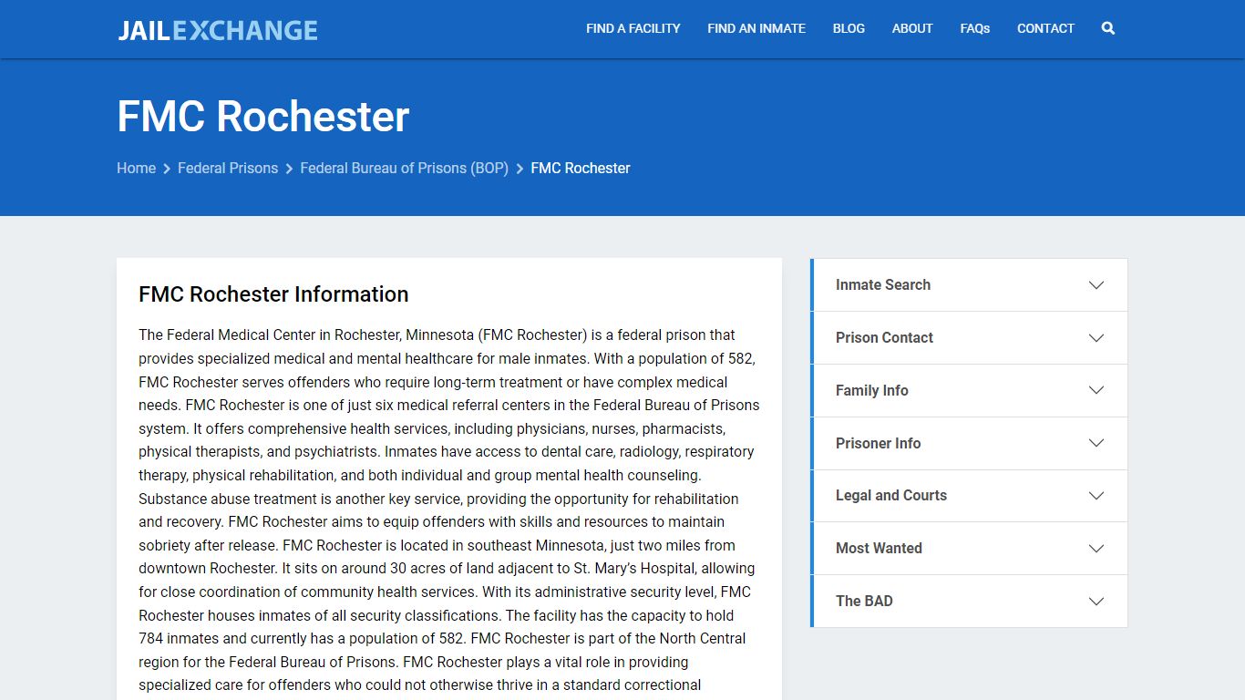 Federal Inmate Search - FMC Rochester - Jail Exchange