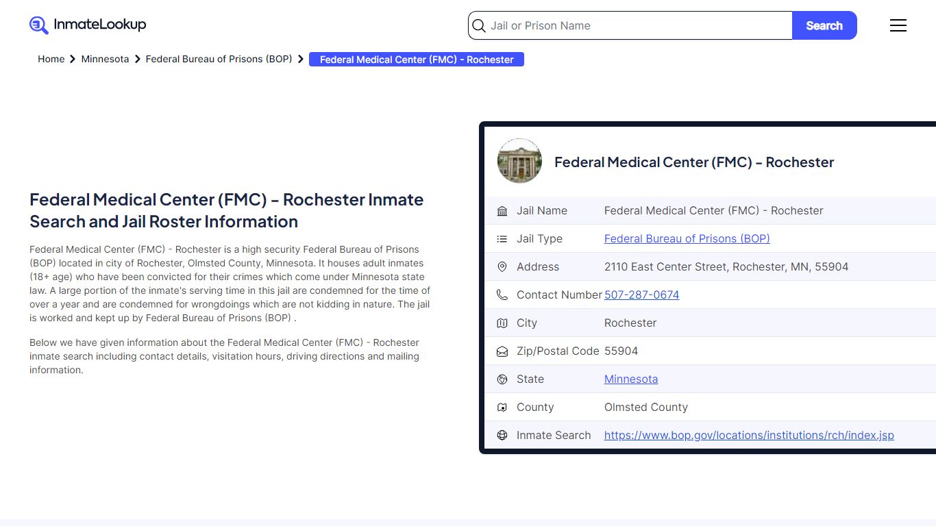 Federal Medical Center (FMC) - Rochester Inmate Search - Rochester ...