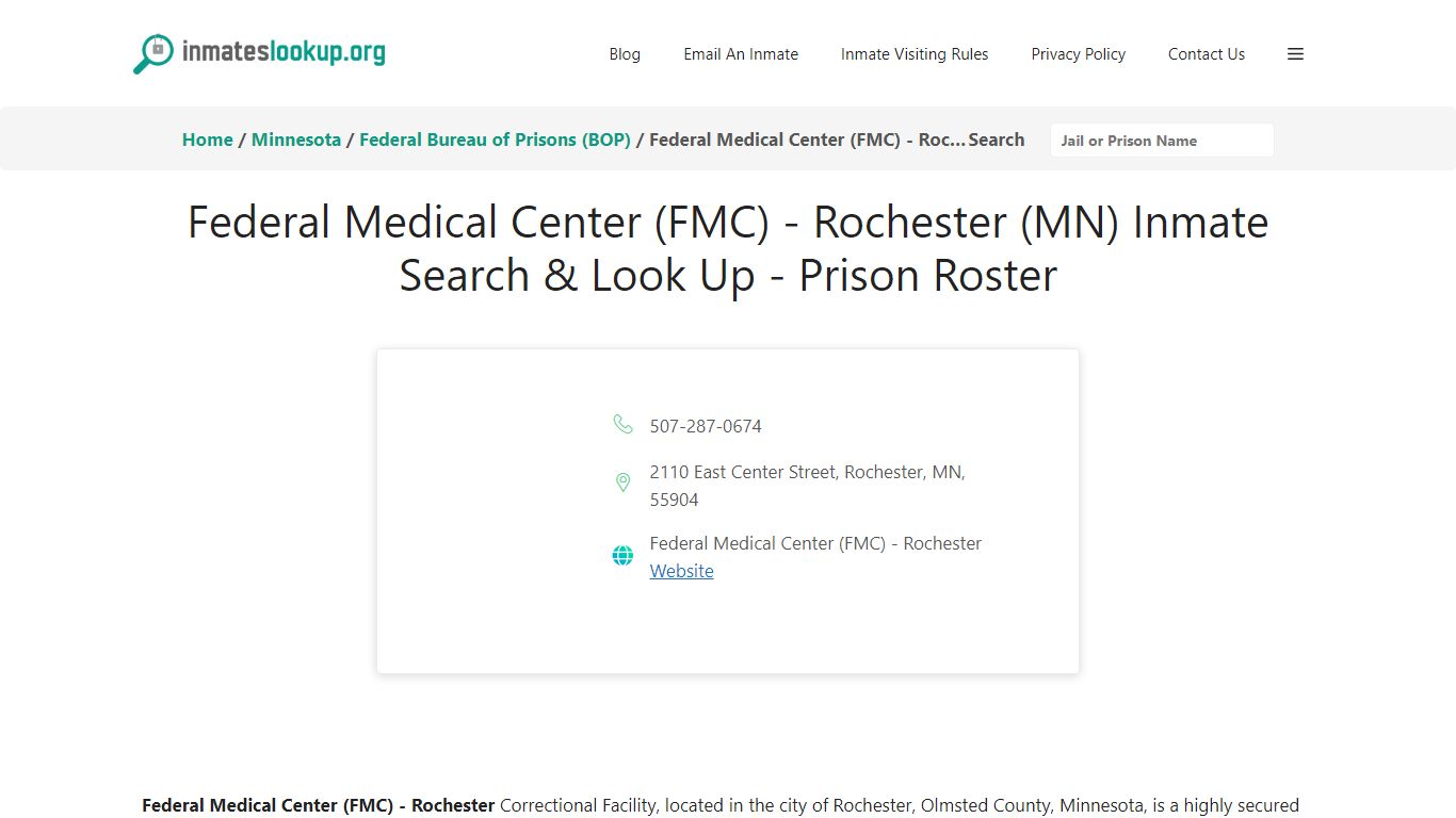 Federal Medical Center (FMC) - Rochester (MN) Inmate Search & Look Up ...